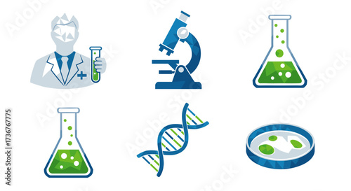 Vector art of science icons including scientist, microscope, dna, and lab equipment