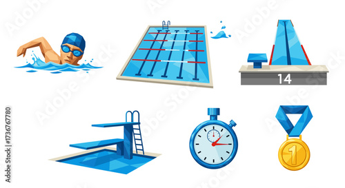 Vector art of collection of swimming pool elements and equipment