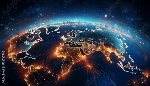 earth from space showcasing illuminated cities and network connections symbolizing global