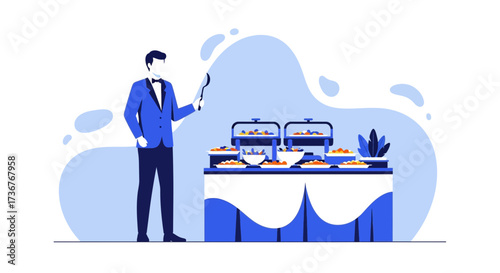 Modern Buffet Service Presentation, Catering Design, Elegant Event With Waiter Illustration