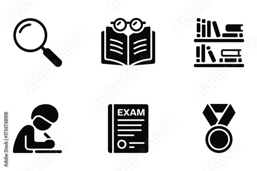 Education and learning icons set magnifying glass open book bookshelf student exam medal
