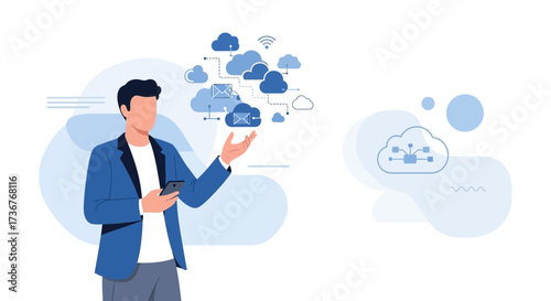 Modern business man interacting with cloud computing data through his smartphone