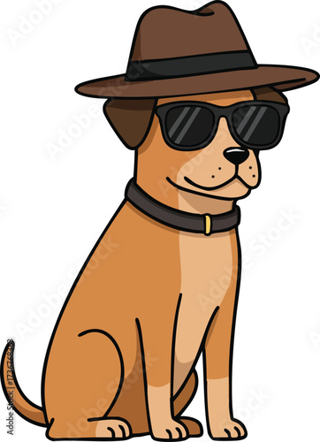 Cool dog wearing sunglasses and brown fedora hat sitting with confident expression vector illustration