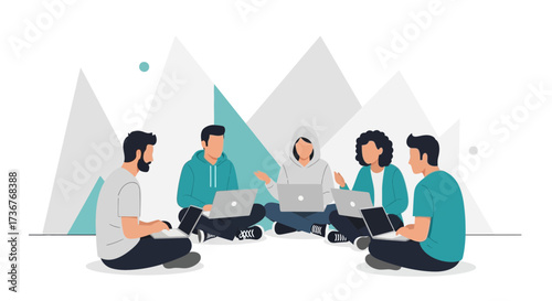 Modern Collaboration: Circle Of People Working Together On Design And Tech Project