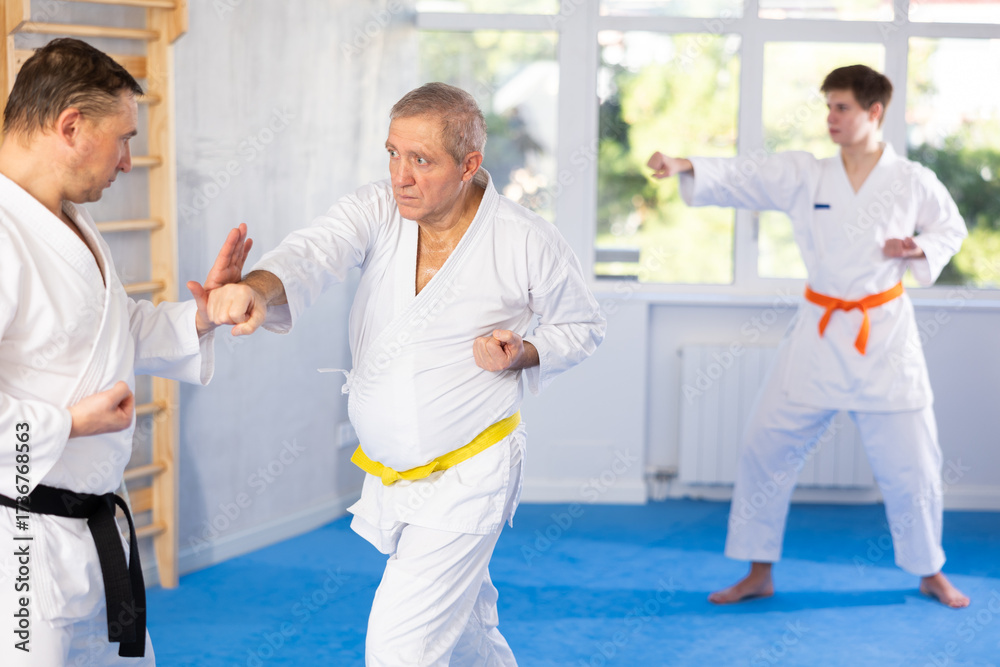 Obraz premium Karate sparring between men. Elderly athlete throwing punches