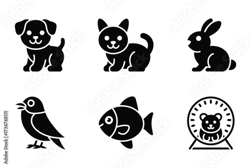 Charming collection of silhouette icons featuring popular household pets and animals for design