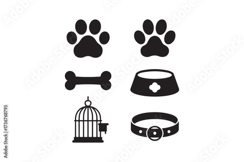 Collection of pet icons and symbols on white background