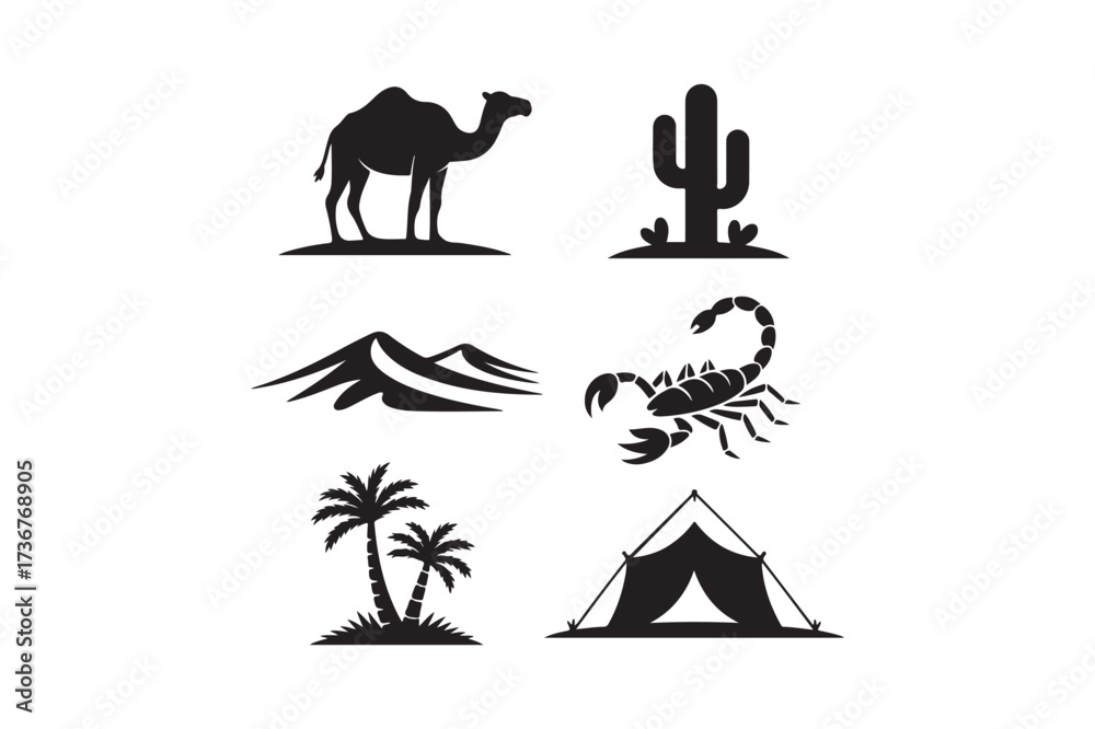 Fototapeta premium Desert icons silhouette collection for adventure and travel