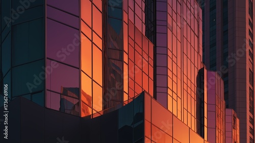 Mirrored glass reflects sunset colors with geometric architecture urban light. AI generated