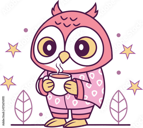 Cute cartoon owl wearing pink panamas sipping hot cocoa with stars and leaves decoration vector