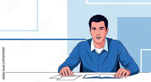 Modern Professional Working At Desk Smiling And Looking, Illustration Picture.