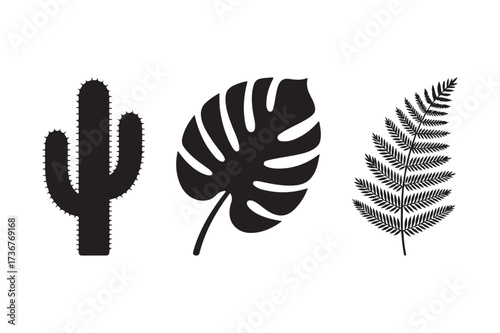 Three black silhouette botanical plant silhouettes