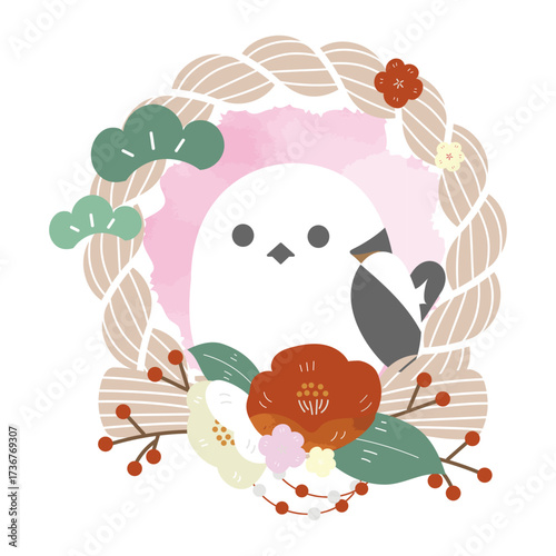 ベージュしめ縄とシマエナガ、紅白椿の和風リース（お正月飾り）/Beige Shimenawa Wreath with Long-tailed Tit and Red and White Camellias