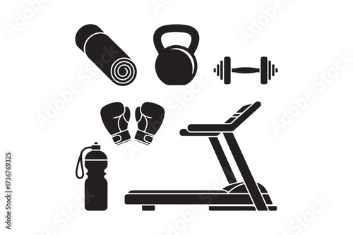 Collection of black silhouette fitness equipment icons