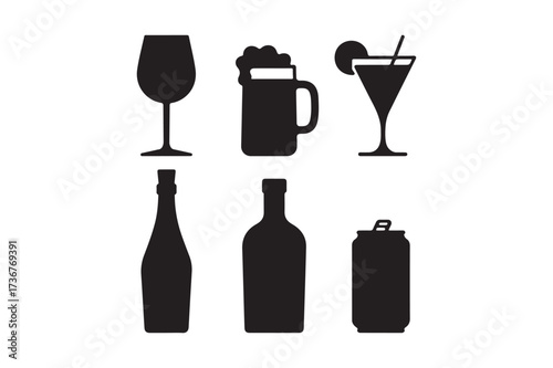 Collection of black silhouettes of alcoholic beverages