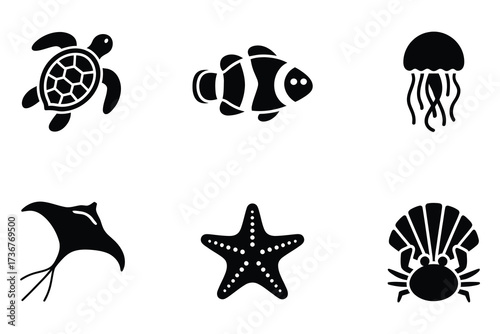 Six classic silhouette icons of marine life turtle clownfish jellyfish ray starfish and crab underwater creatures