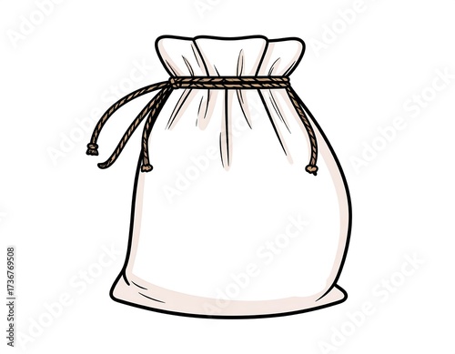 A simple, hand-drawn illustration of a large, light-beige canvas bag with a tied rope closure against a pure white background.