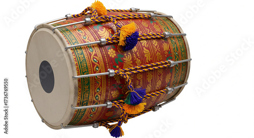 Traditional indian dhol drum with colorful decorations isolated on transparent background