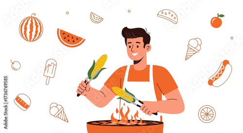 Man grilling corn on the barbecue with summer food illustrations cartoon vector
