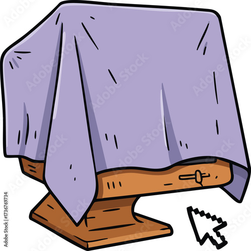 Wooden pedestal covered with purple cloth hidden object vector illustration design for mystery and surprise effects in digital art