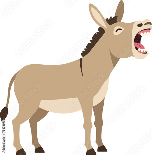 Donkey yawning with open mouth vector illustration of brown farm animal standing on white background