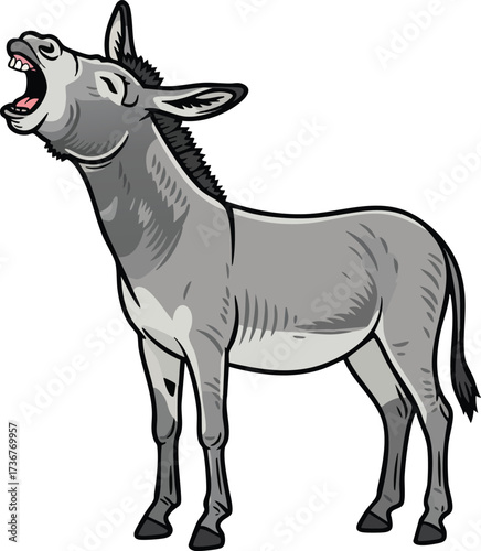 Donkey standing and braying with open mouth detailed gray animal vector illustration