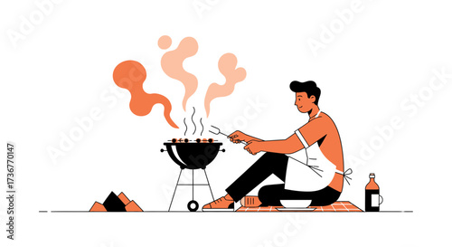 Man Grilling Outdoors, Preparing Delicious Food with Simple Illustration and Flat Design