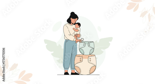 Mother holding baby choosing diaper in a clean, modern design with minimalist style