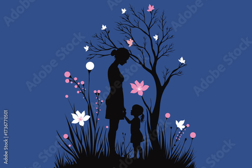 Silhouette illustration of mother and child holding hands in nature with flowers and tree