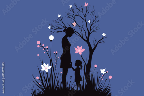Silhouette illustration of mother and child holding hands in nature with flowers and tree