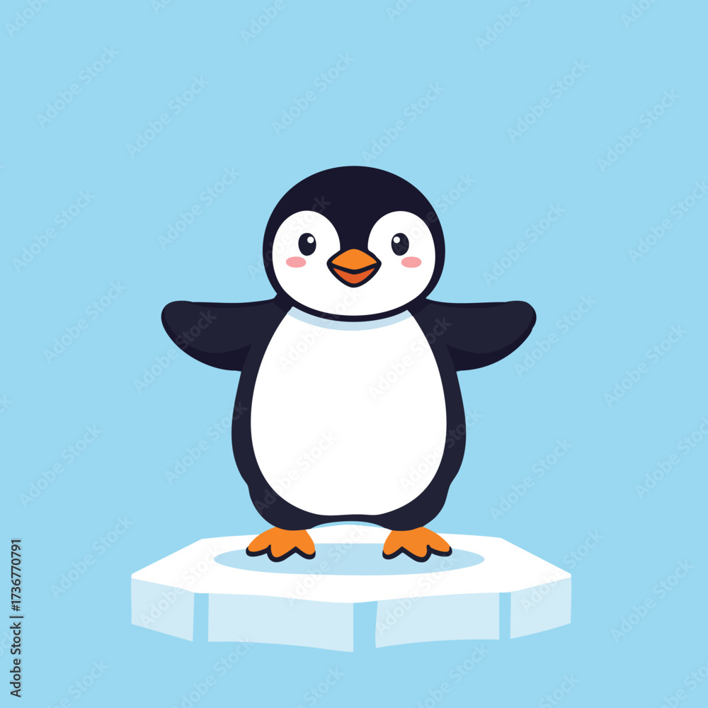 Fototapeta premium Cute cartoon penguin standing on ice floe with blue background vector illustration