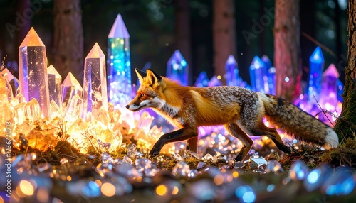Fox Walking Through Forest with Crystal Formations