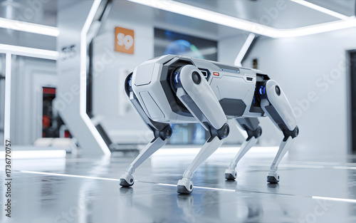 Futuristic robotic dog with white and grey casing walking in a modern sterile hallway Keywords: robotic, dog, robot, futuristic, quadruped isolated on a transparent background