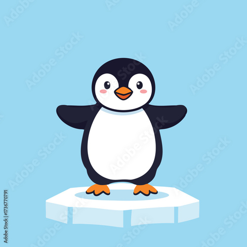 Cute cartoon penguin standing on ice floe with blue background vector illustration