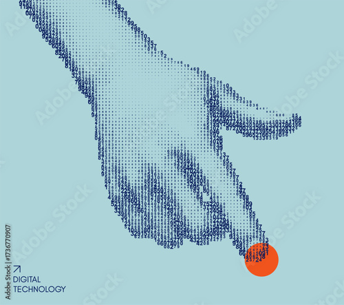 The hand presses the index finger on the button a virtual interface. Technologies of the future. Сascading digital code matrix. Concept of digitalization and artificial intelligence. Illustration.