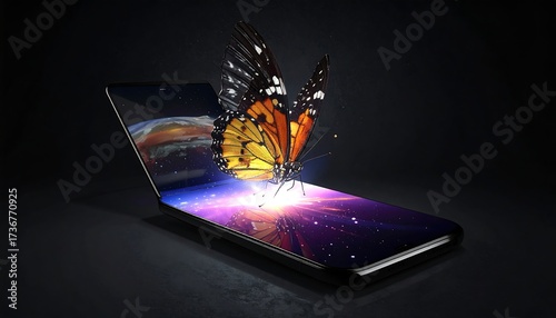 A vibrant butterfly emerges from a futuristic phone, showcasing a cosmic, colorful world on its screen