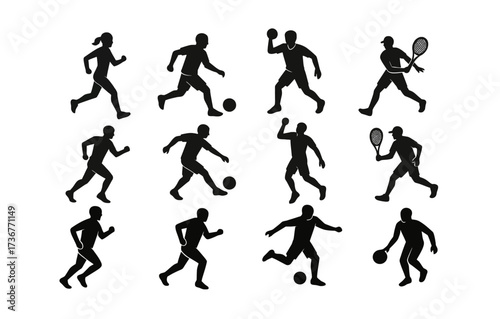 Diverse sports silhouettes collection featuring running, soccer, tennis, and basketball