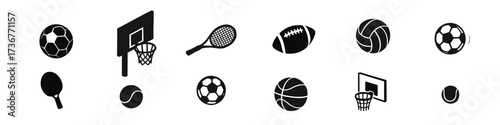 Silhouette icons of popular sports equipment: football, basketball, tennis, volleyball