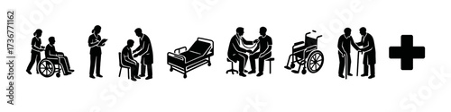 Healthcare silhouettes: medical professionals assisting patients with care and mobility