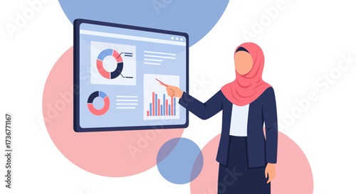 Muslim Woman in Presentation with Charts and Graphs in Office Environment