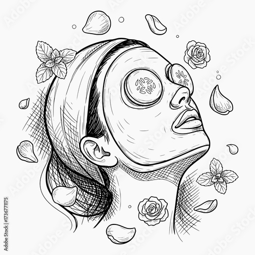 Woman with Facial Mask and Cucumber Slices - Black and White Spa Sketch Vector Illustration