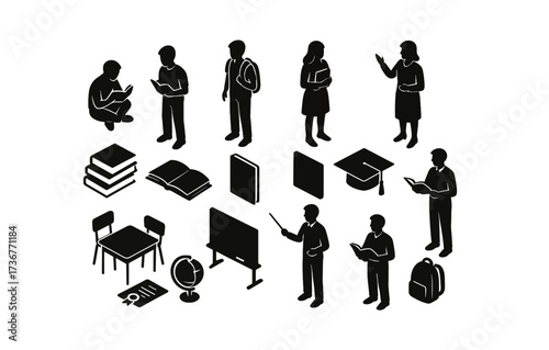 Silhouette classroom icons: students, books, and teachers in education set