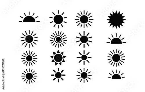 Simple sun icons collection: minimalist sunburst and sunrise designs
