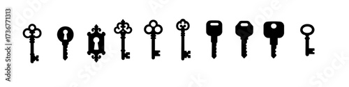 Collection of vintage and modern key silhouettes in black and white