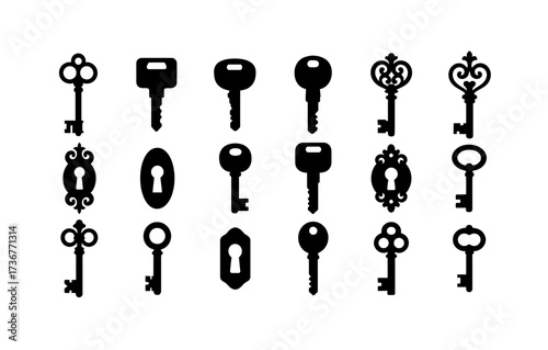Vintage and modern key silhouettes collection with ornate designs