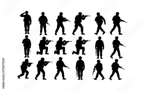 Military silhouette set: soldiers with guns in various poses against white background