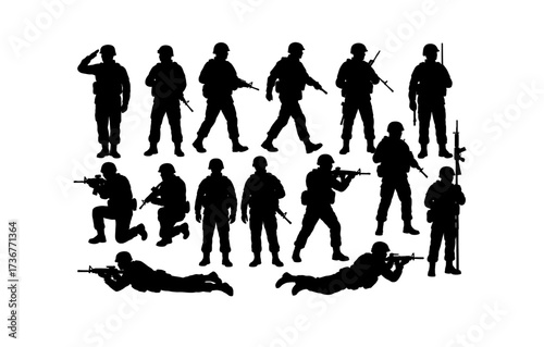 Military silhouettes collection: soldiers in various poses