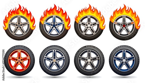 Colorful, stylized car tires with fiery flames, set on a white background, showcase various rim colors and a dynamic, energetic mood.