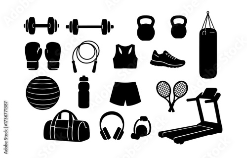 Black silhouette fitness icons: equipment for gym training and exercise