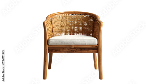 Rattan armchair with a white cushion showcased against a stark black background provides a modern and minimalist presentation for various interior design concepts.